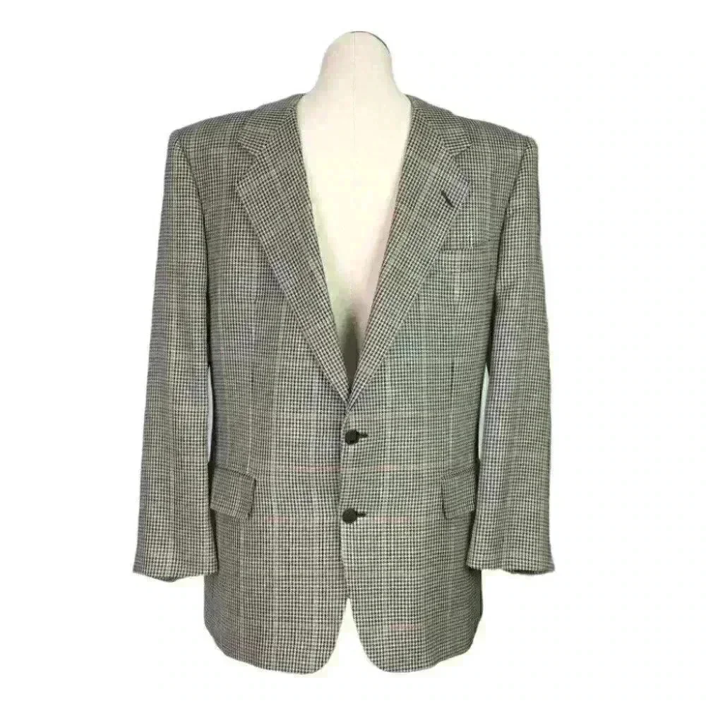 Gieves & Hawkes Men 43 R Houndstooth 2 Button Bespoke Blazer Silk Wool Black Tan